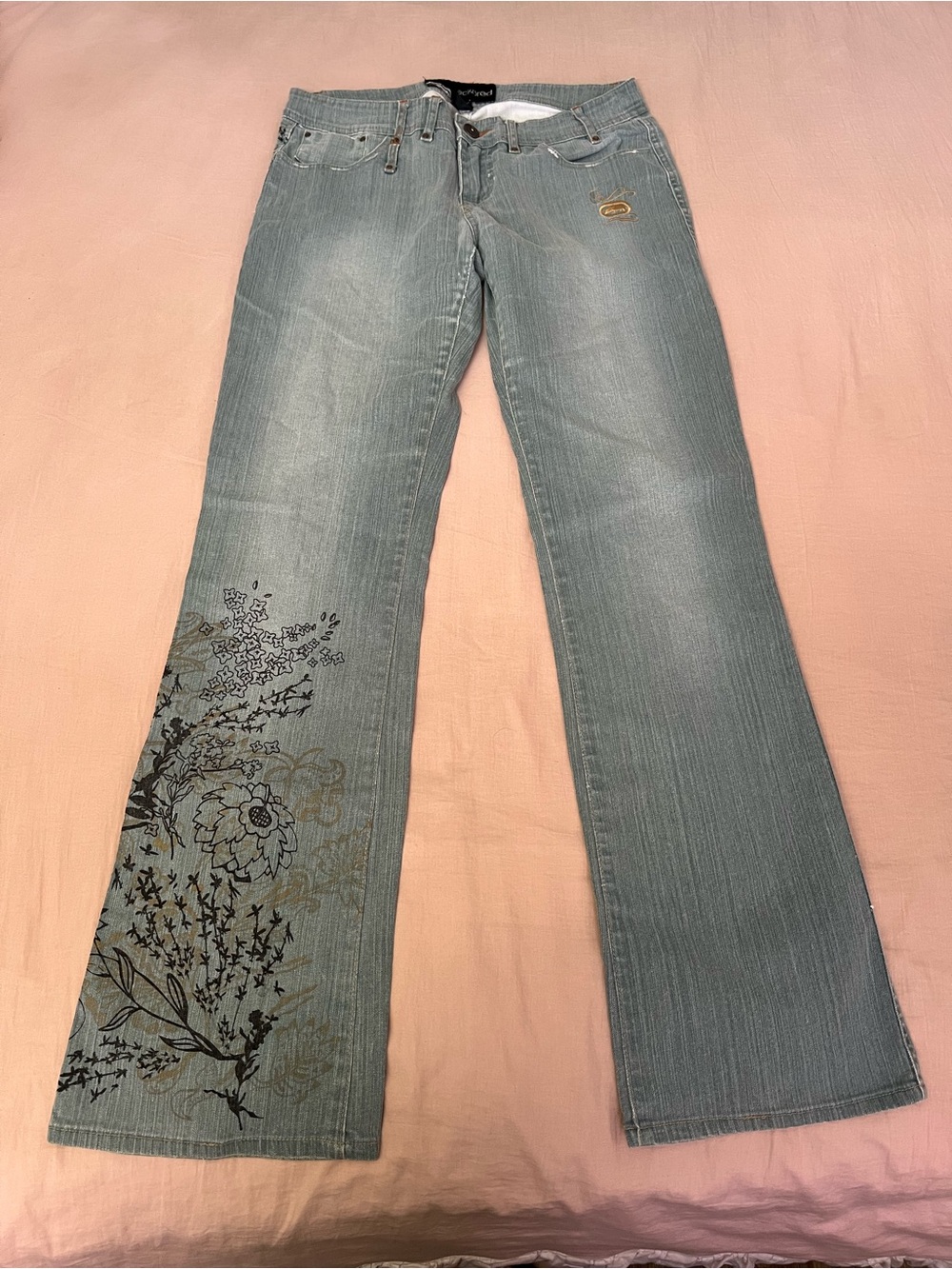 Y2K Whimsical Ecko Unlimited Light Blue Flare Jeans with Floral Print